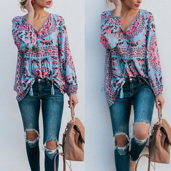 Tops - Printed Tassel Peasant Top